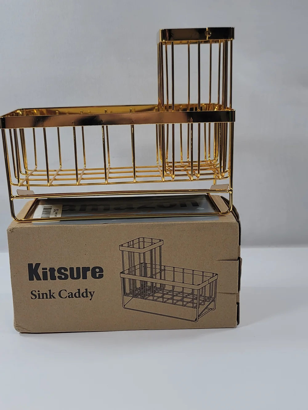 Gold Tone Sink Caddy Organizer with High Brush Holder Kitchen Countertop